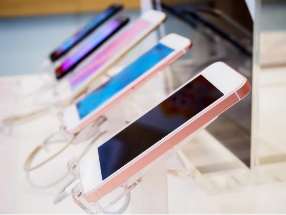 Phones displayed in an accessories store