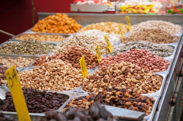 Different types of nuts displayed in a cereal shop