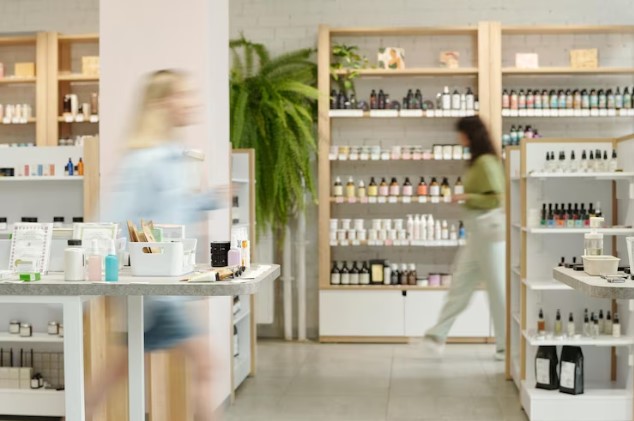 Two customers moving along the cosmetic displays