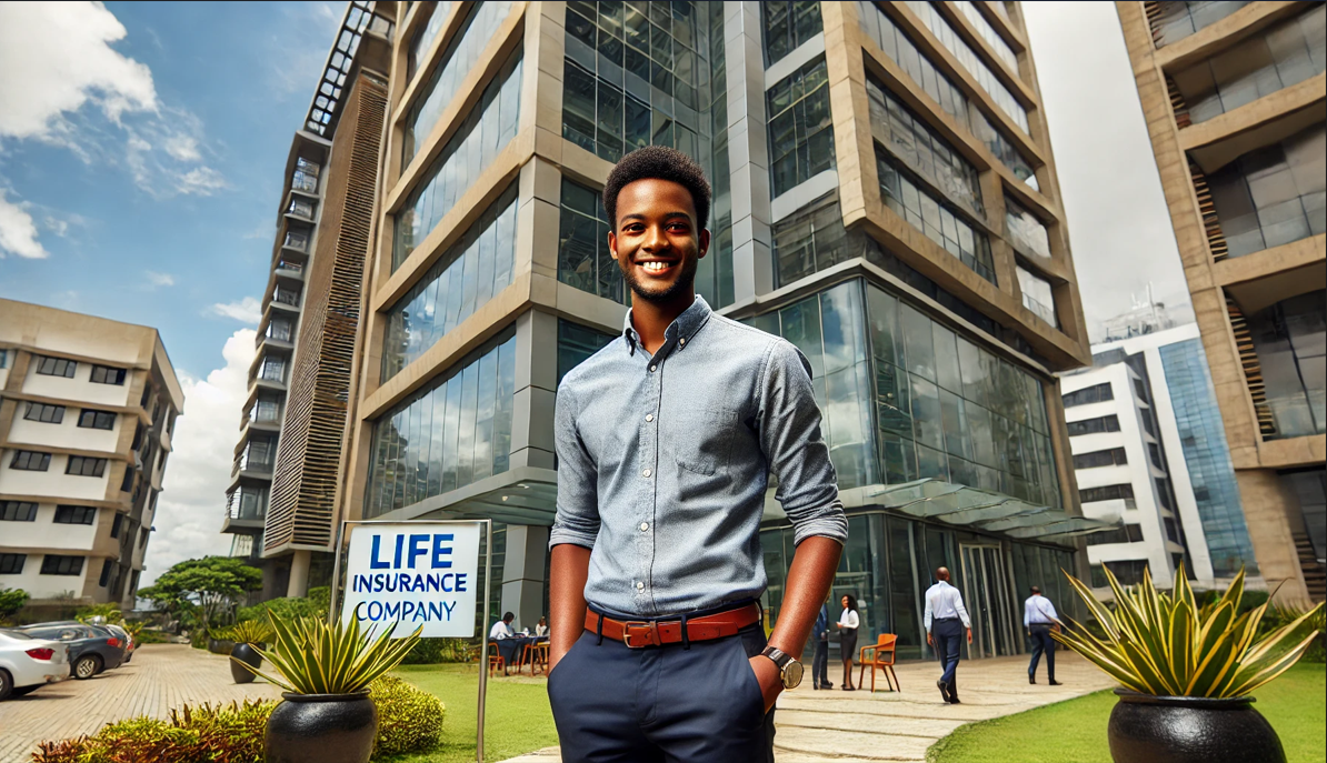 A young man  next to an insurance company's entrance