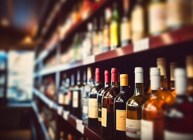 Alcoholic drinks arranged on shelves