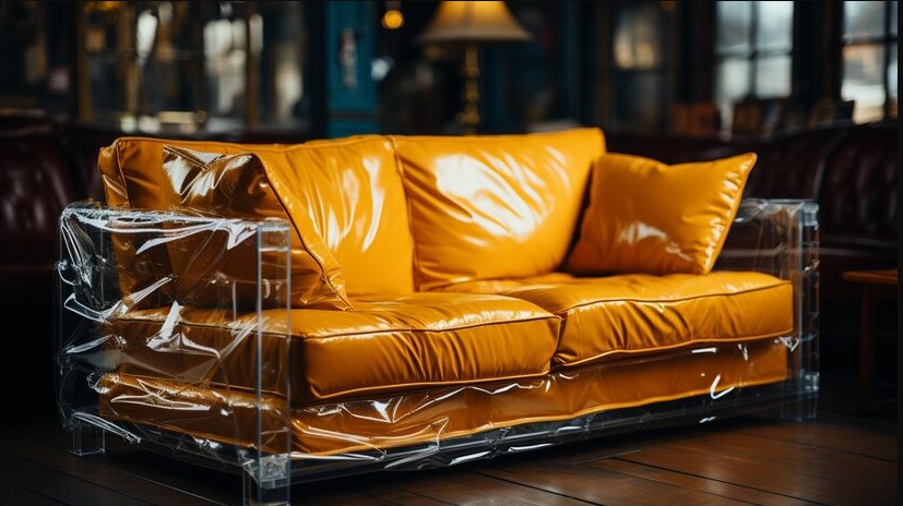 A couch wrapped in plastic